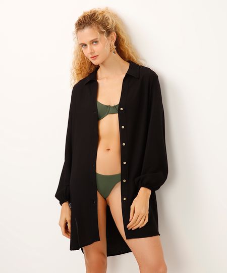 camisa saída de praia de viscose alongada preta P