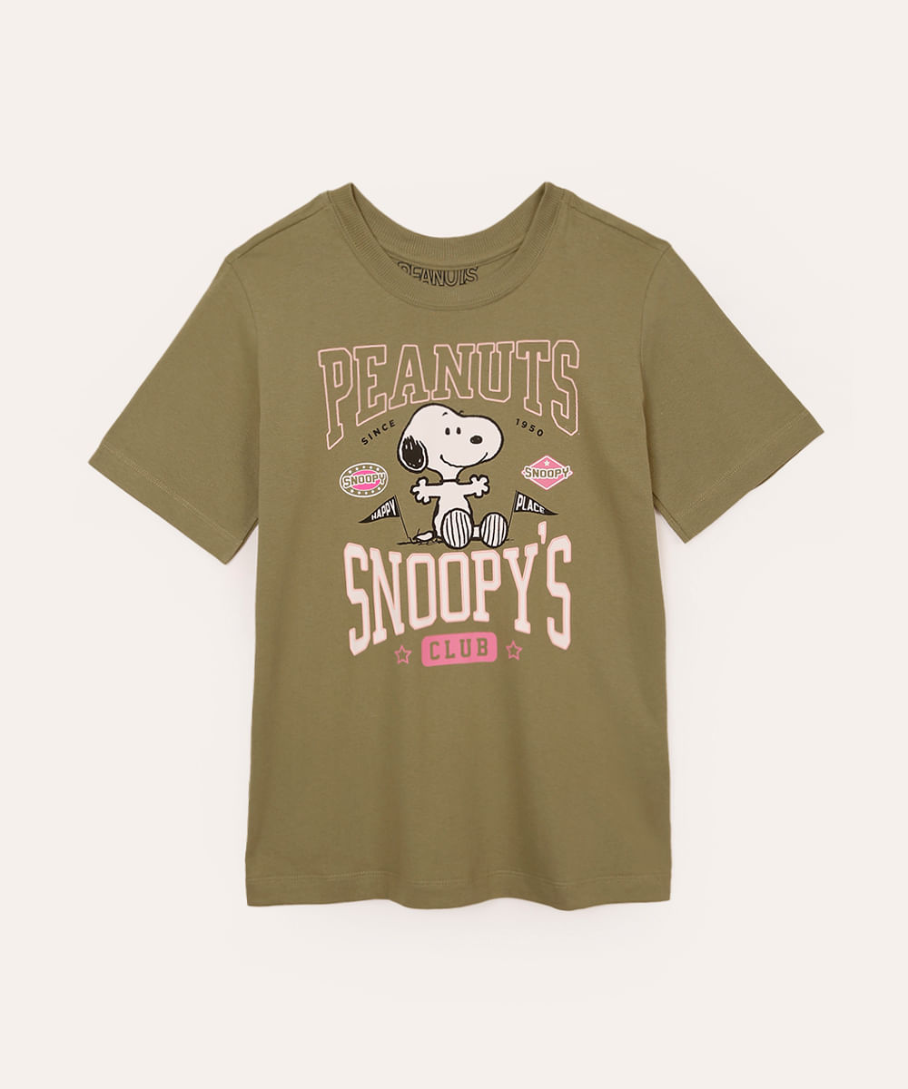 camiseta juvenil de algodão snoopy verde