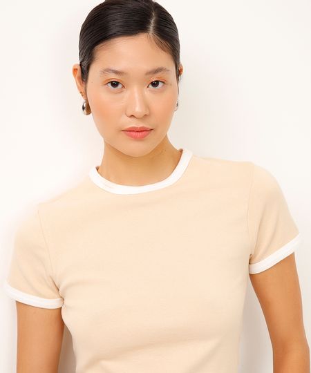 camiseta de algodão cropped bicolor bege PP camiseta de algodão cropped bicolor bege PP