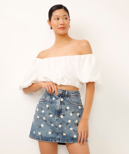minissaia jeans cintura alta floral azul 34