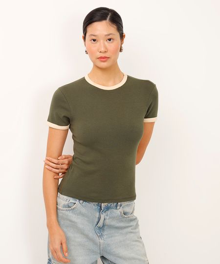 camiseta de algodão cropped bicolor verde PP