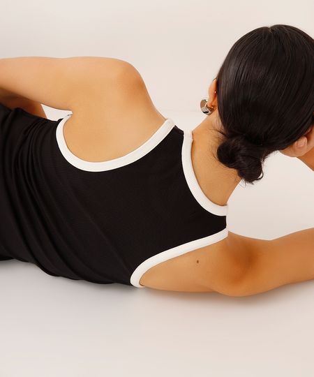 regata de viscose halterneck canelada bicolor preta PP