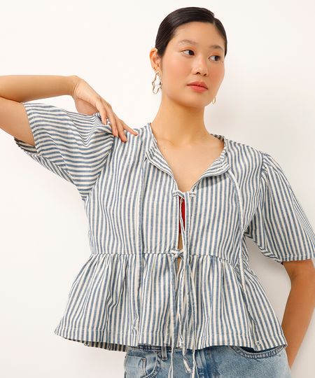 blusa de sarja com laços listrada azul M