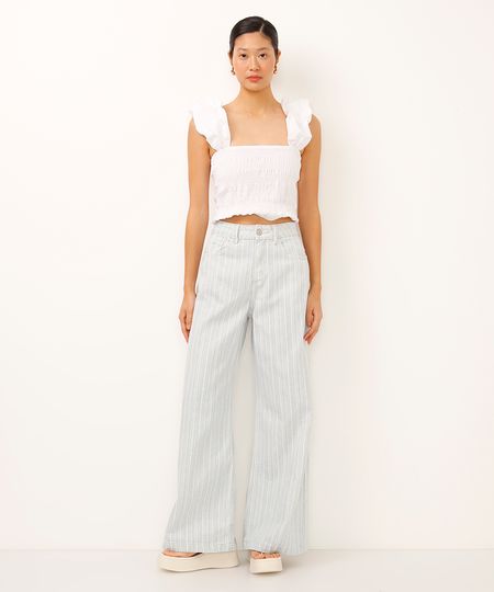 calça wide leg jeans cintura alta listrada azul 38