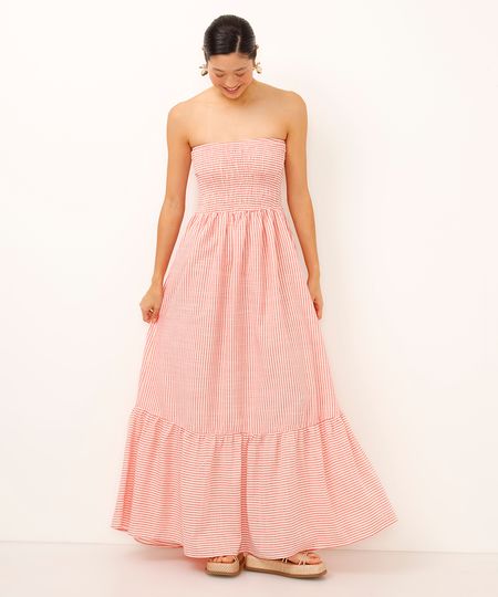 vestido longo de viscose sem alça listrado vermelho P