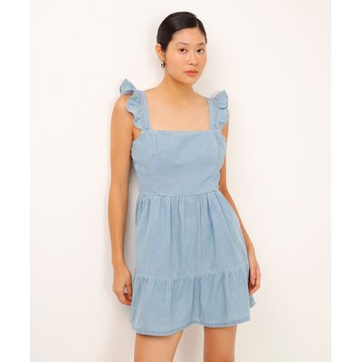 vestido curto jeans alça com babados azul