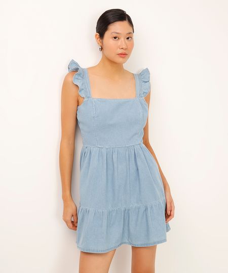vestido curto jeans alça com babados azul PP vestido curto jeans alça com babados azul PP