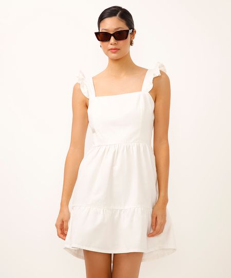 vestido curto de sarja alça com babados off white M