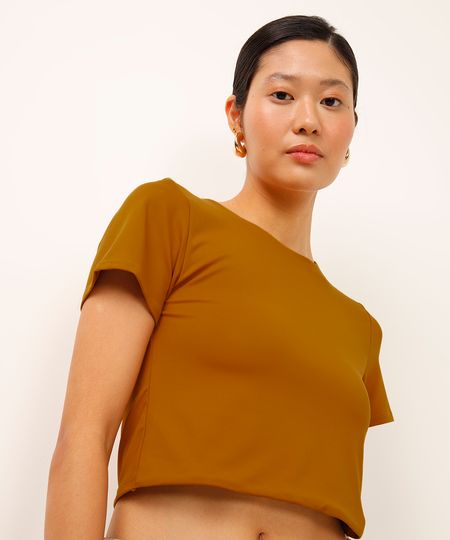 cropped de poliamida manga curta bege P cropped de poliamida manga curta bege P