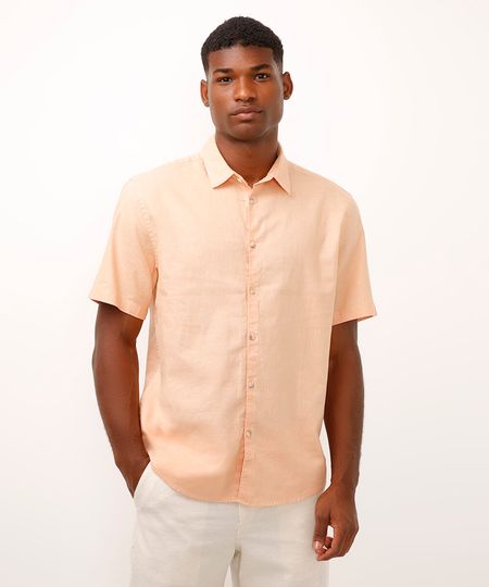 camisa comfort com linho manga curta laranja P