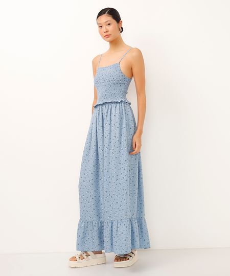 vestido midi de viscose floral azul PP