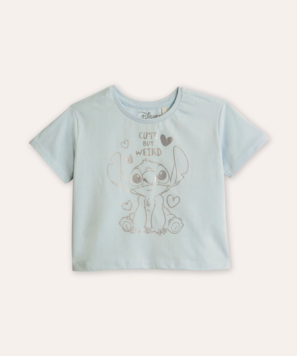 blusa de algodão infantil manga curta stitch azul