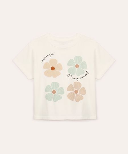 camiseta de algodão infantil manga curta floral off white 8