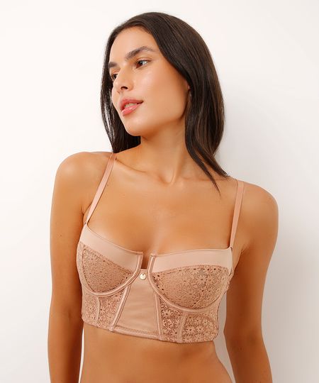 sutiã cropped meia taça acetinado e rendado bege 40