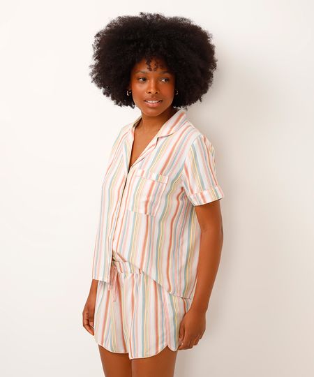 pijama americano de viscose  listrado curto off white PP