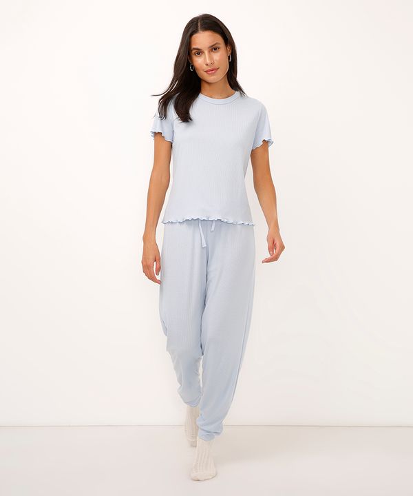 calça de pijama jogger canelada - azul P