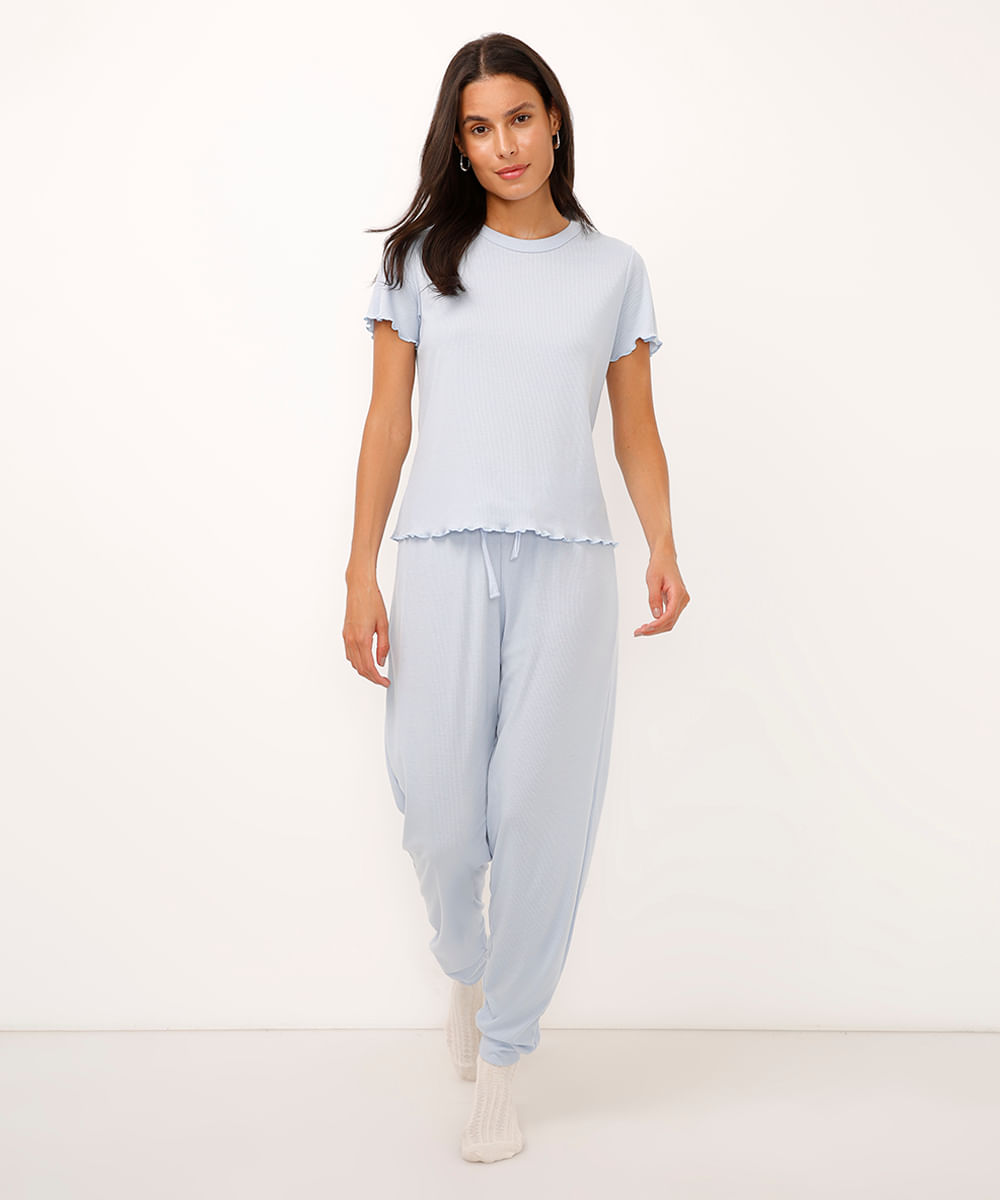 calça de pijama jogger canelada - azul
