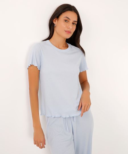 blusa de pijama manga curta canelada  - azul G blusa de pijama manga curta canelada  - azul G
