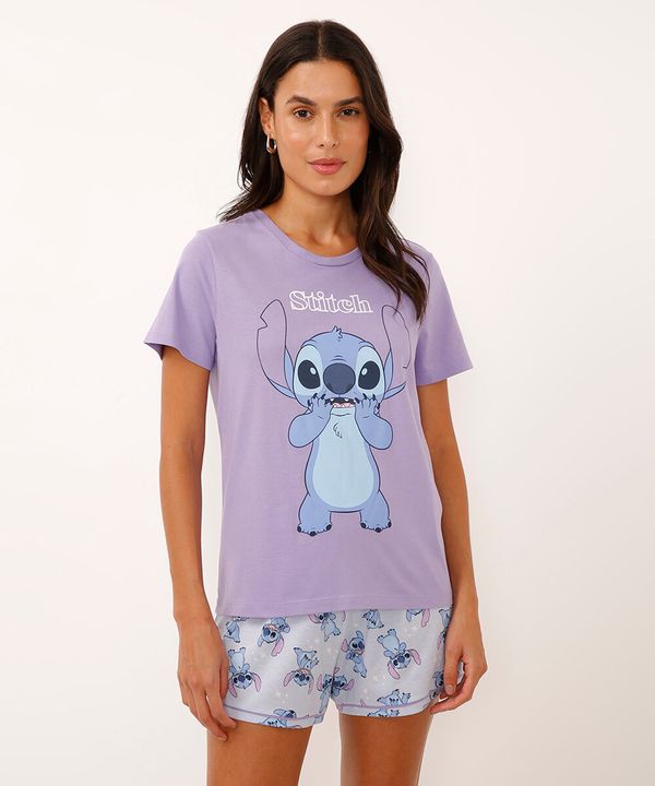 pijama de algodão manga curta com short stitch lilás M