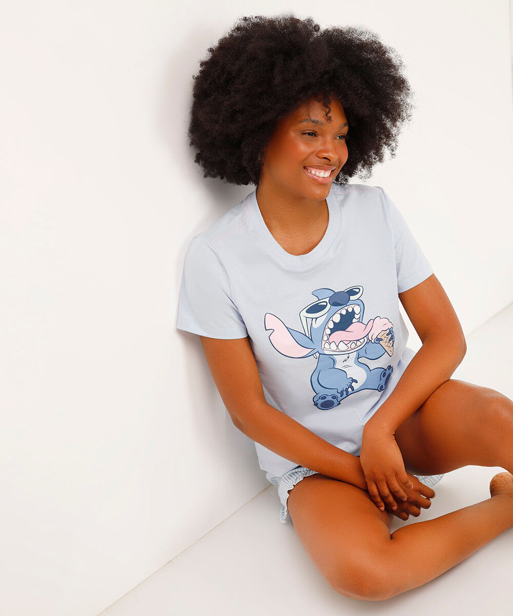 camiseta de pijama manga curta stitch azul