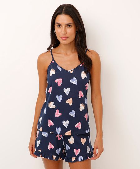 pijama malha de algodão corações alças finas azul PP pijama malha de algodão corações alças finas azul PP