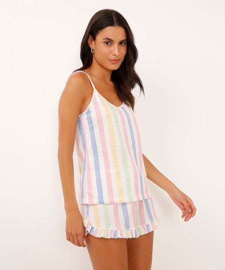 short doll listrado alças finas off white P short doll listrado alças finas off white P