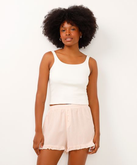 short de pijama listrado com babados rosa PP
