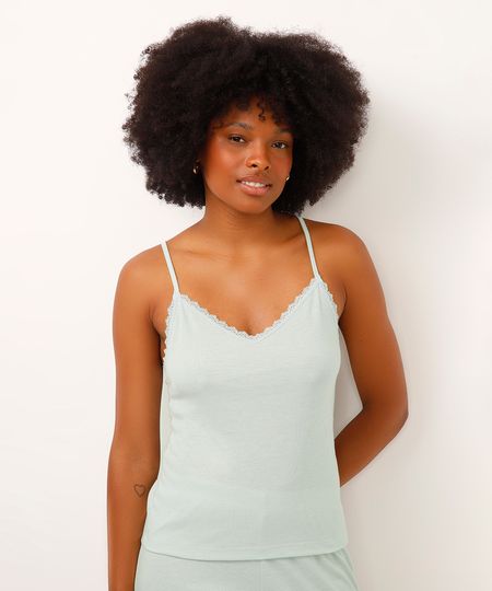 regata de pijama canelada com renda verde G regata de pijama canelada com renda verde G