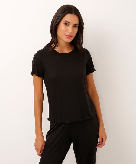 blusa de pijama manga curta canelada preta P blusa de pijama manga curta canelada preta P