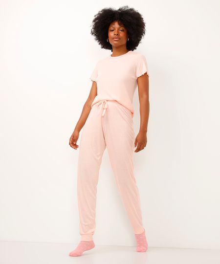 calça de pijama jogger canelada rosa P