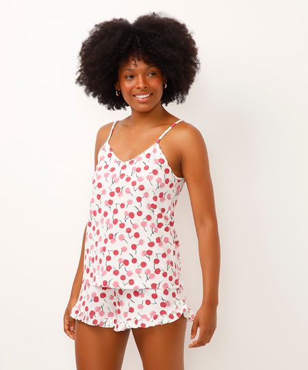 pijama short doll de algodão cerejas off white PP