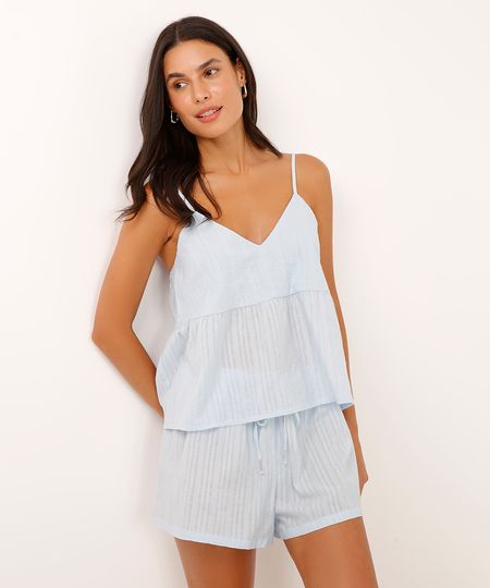 pijama short doll alça fina de algodão texturizado azul G pijama short doll alça fina de algodão texturizado azul G