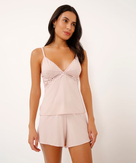 pijama short doll alça fina com renda rosa M