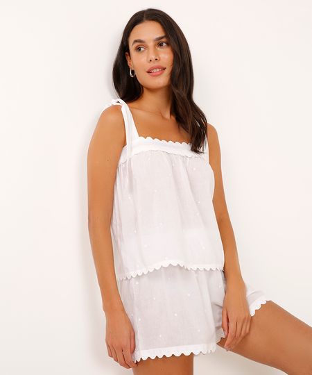 pijama short doll alça média textura poá off white PP