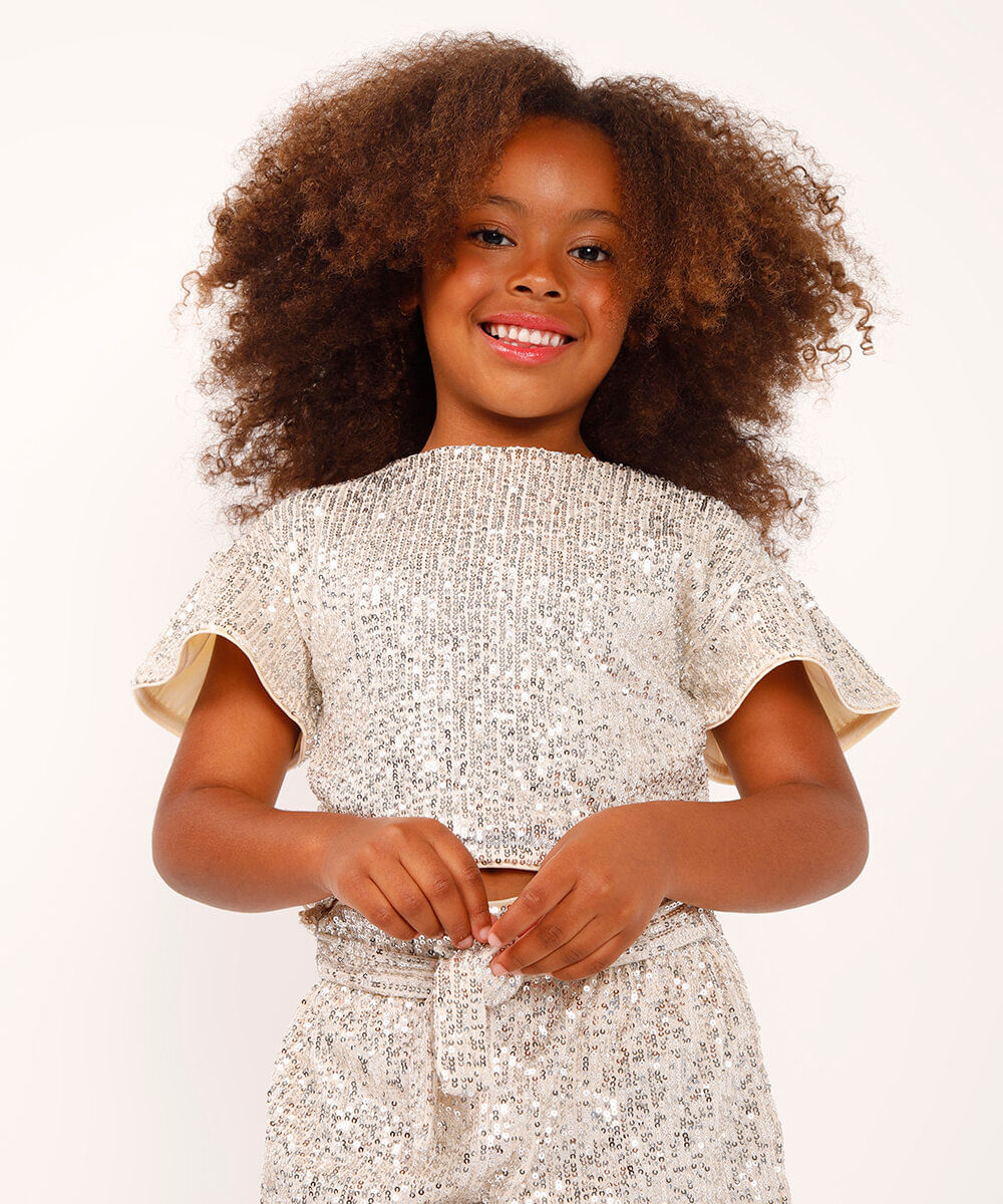 blusa de paetê infantil manga curta dourado
