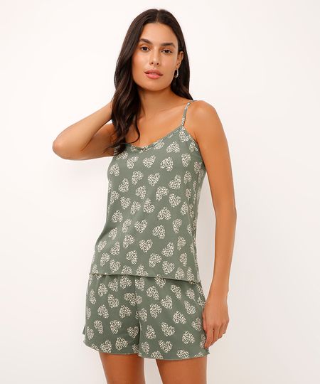 pijama short doll alça fina corações verde M