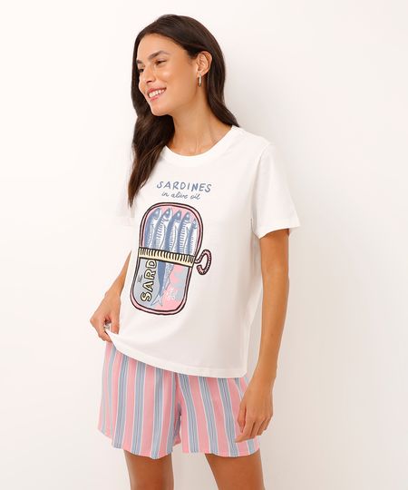 pijama short doll de algodão listrado sardinhas rosa M