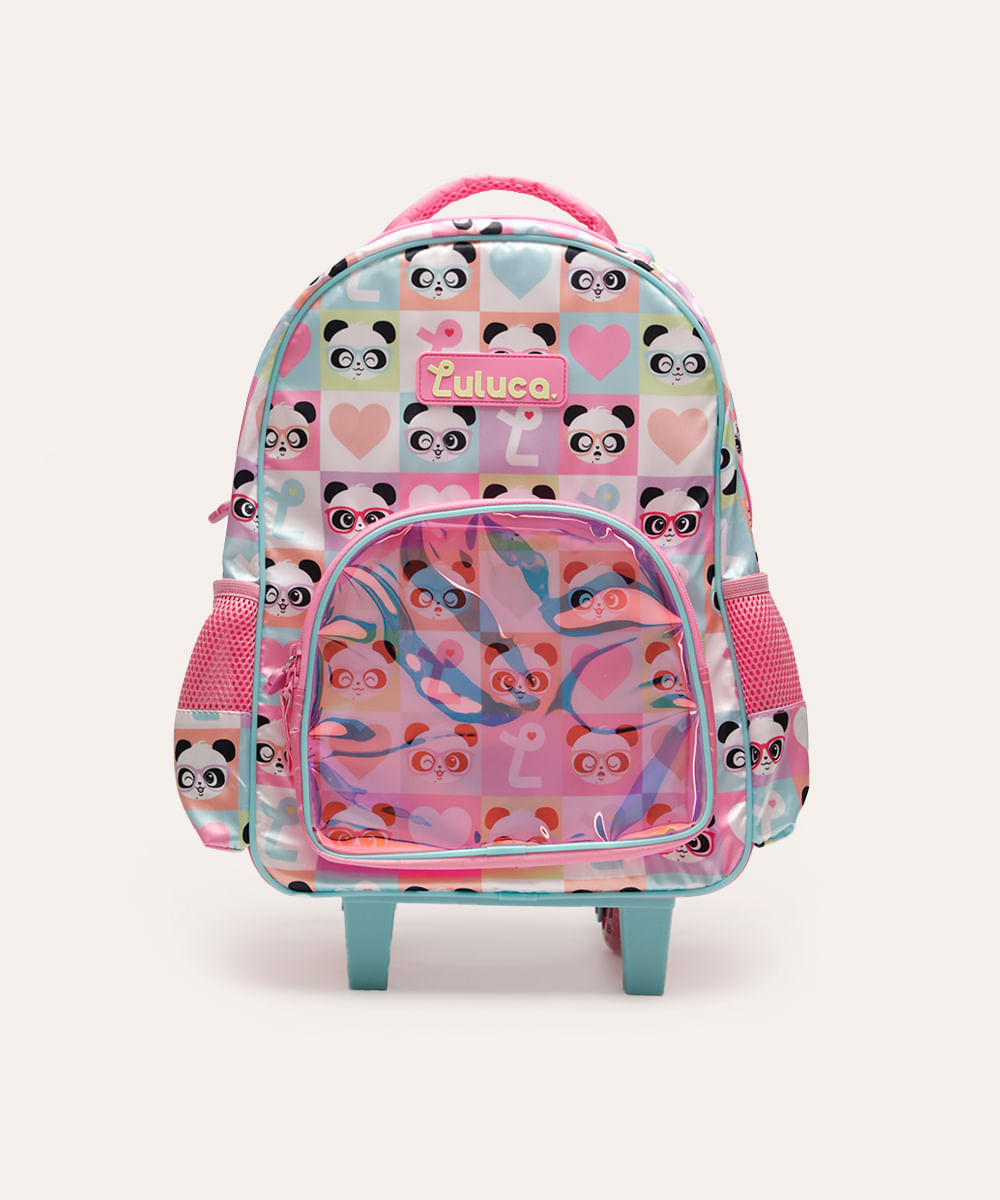 mochila personalizável infantil com rodinhas bolso holográfico luluca colorida