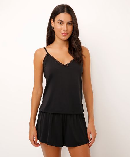 pijama short doll alça fina com renda preto M pijama short doll alça fina com renda preto M