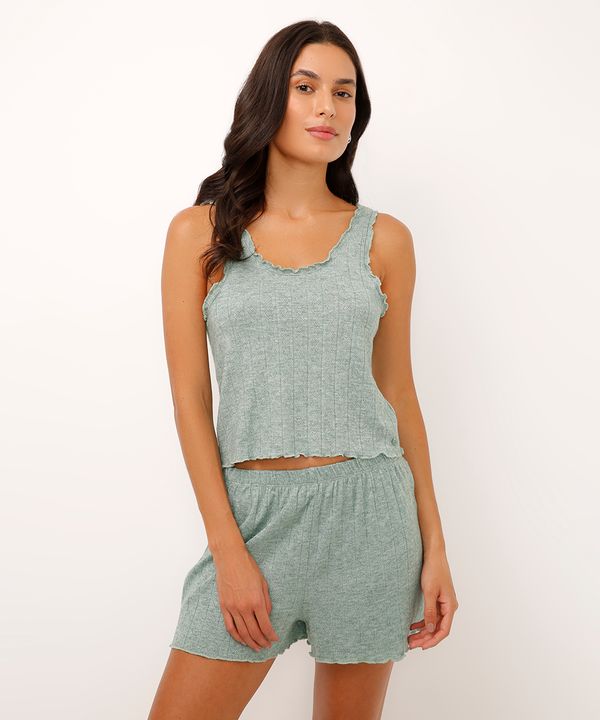 pijama short doll canelado corações verde G