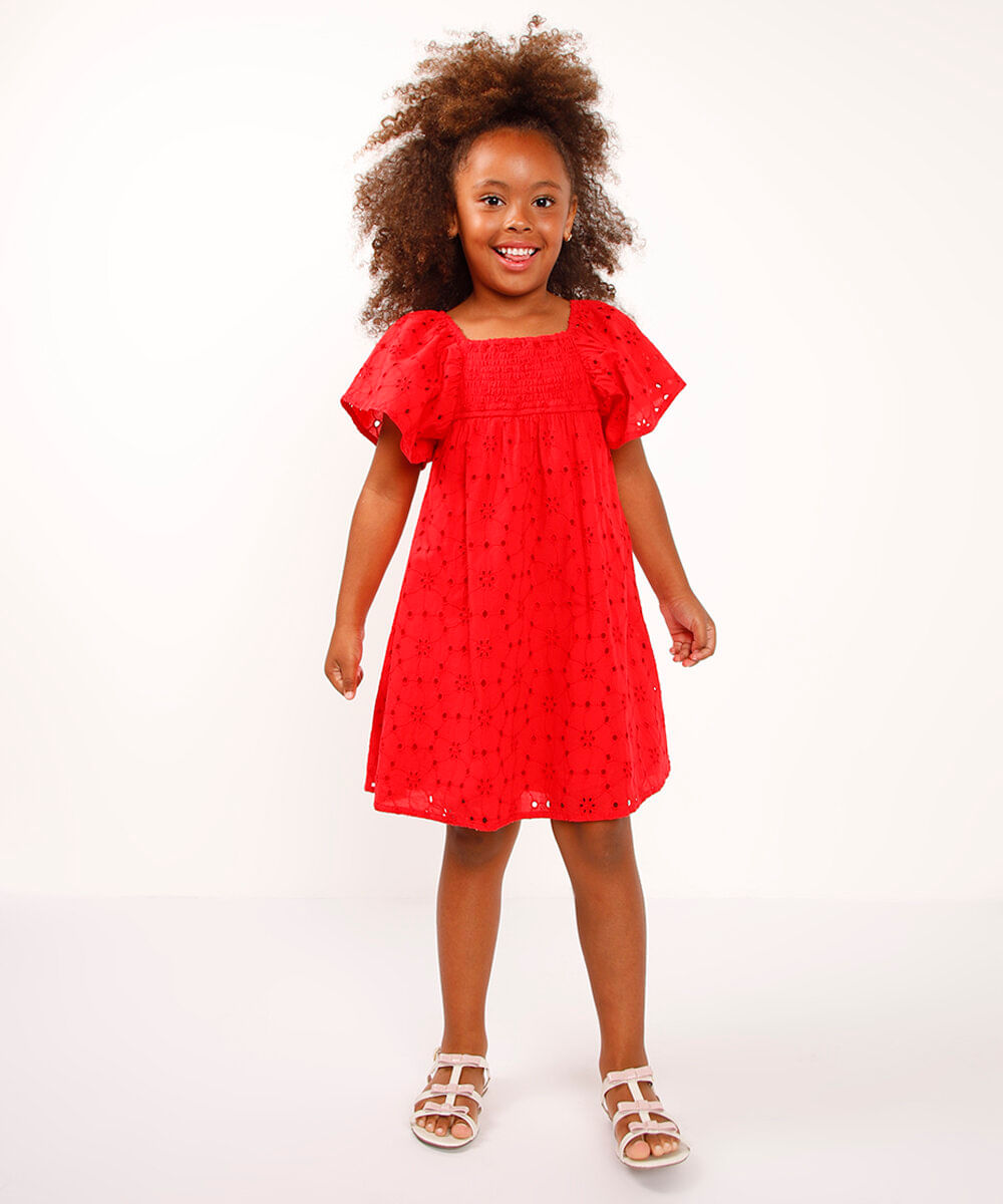 vestido de laise infantil com babado manga curta vermelho