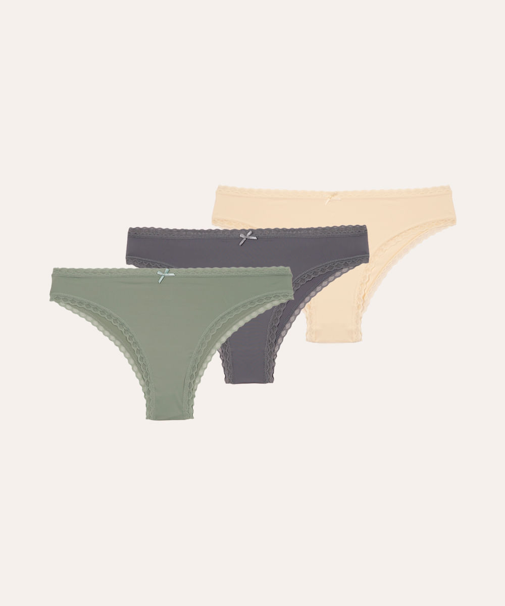 kit de 3 calcinhas biquíni com renda colorido