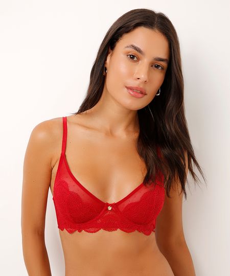 sutiã meia taça sem bojo de tule e renda vermelho 46 sutiã meia taça sem bojo de tule e renda vermelho 46
