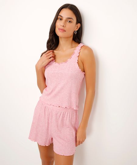 pijama short doll canelado corações rosa PP pijama short doll canelado corações rosa PP