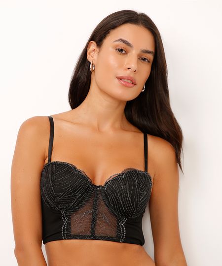 sutiã cropped meia taça de tule com lurex preto 42
