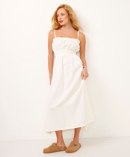vestido midi de sarja alça fina off white PP