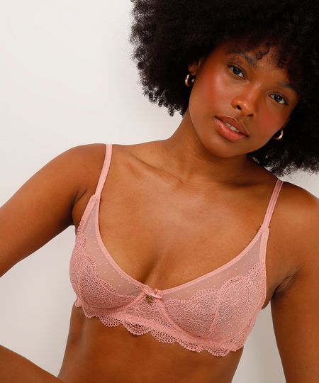 sutiã meia taça sem bojo de tule e renda rosa 42