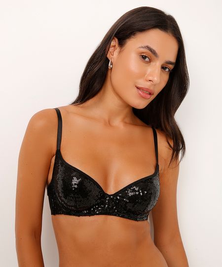 sutiã meia taça sem bojo de paetê preto 42 sutiã meia taça sem bojo de paetê preto 42