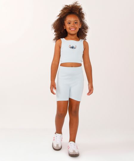 conjunto curto infantil canelado stitch e angel azul 4