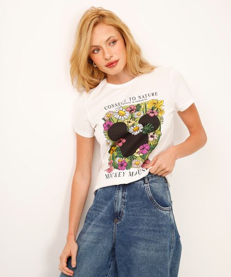 camiseta de algodão manga curta mickey floral off white PP